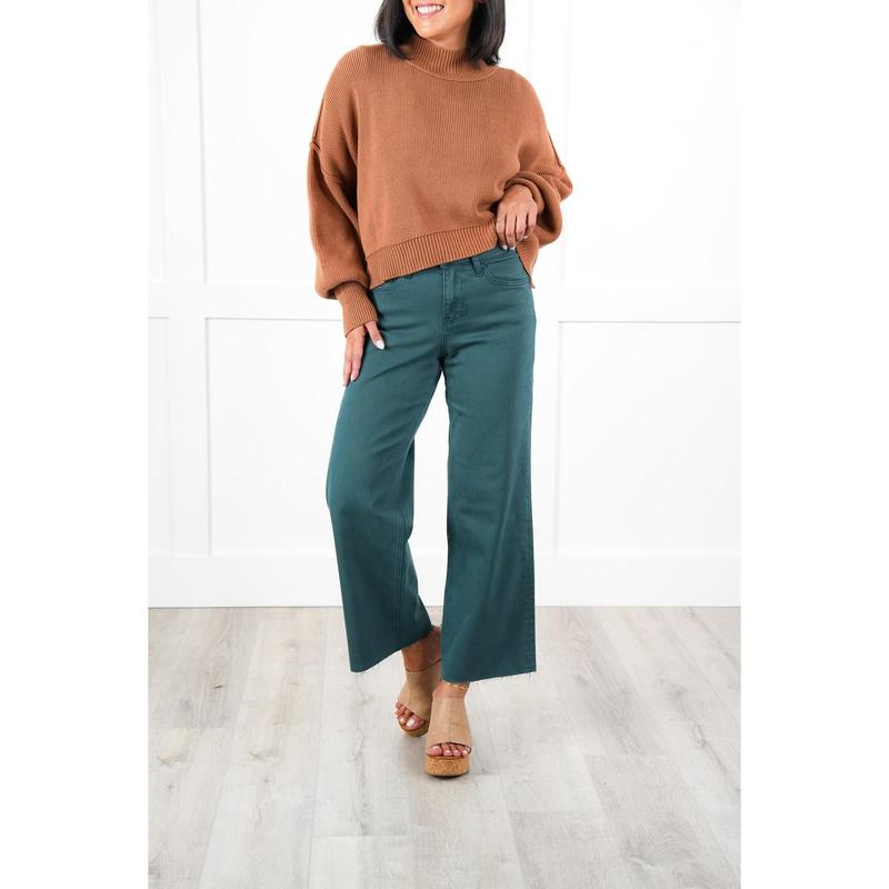 Veret High Rise Green Cropped Wide Leg Jeans