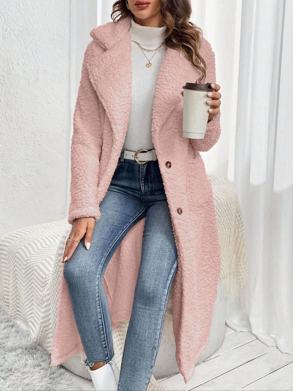 Women's Solid Button Front Split Hem Thermal Lined Coat, Casual Long Sleeve Lapel Neckline Plush Outerwear for Fall & Winter, Women's Clothing for Daily Wear, Winter Clothes Women, Coats for Winter Women 2024