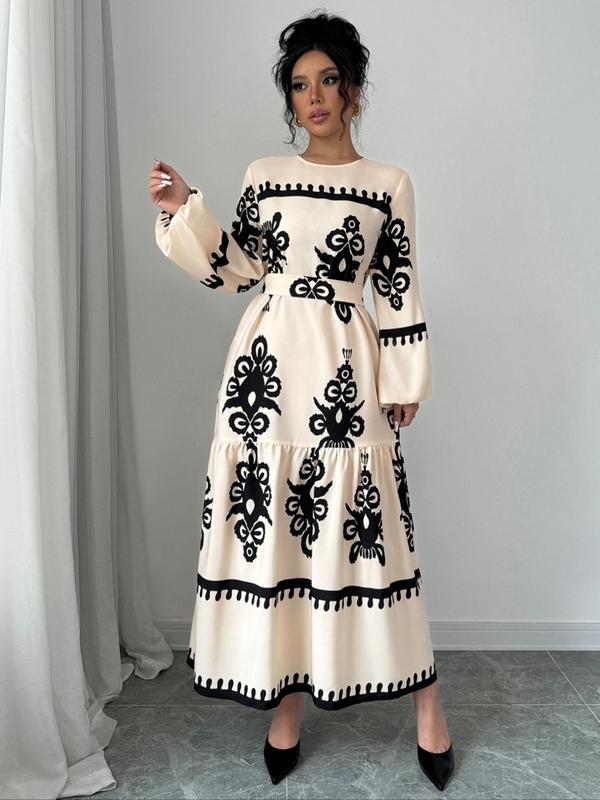 Women's Random Floral Print Long Sleeve Dress, Boho Fashion Casual Long Dress for Daily Holiday Vacation Wear, Women Dress for Fall & Winter