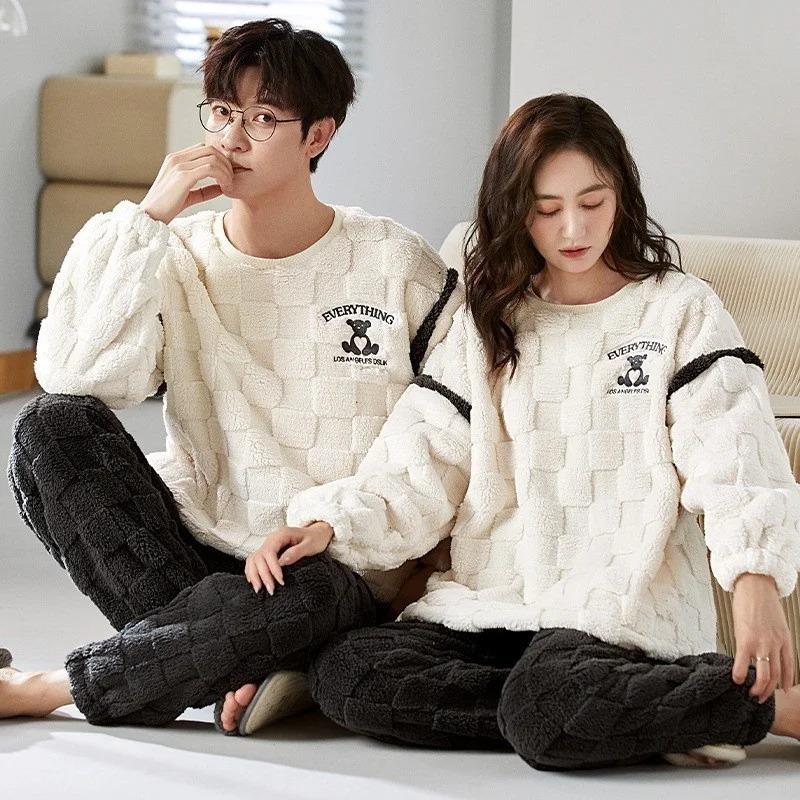 Winter Warm Cute Cartoon Pajamas Couple Set Women Coral Fleece Flannel Men's Home Wear