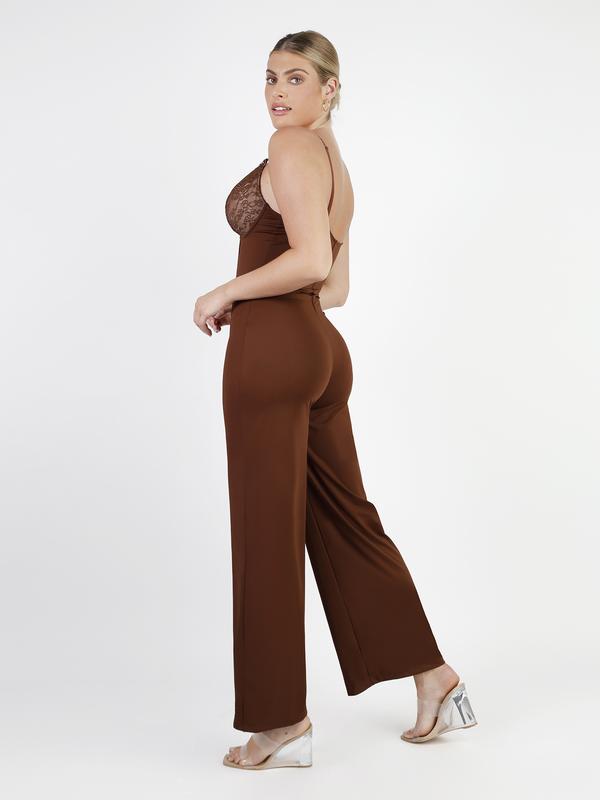 Popilush Shapewear Lace V-Neck Wide-Leg Jumpsuit