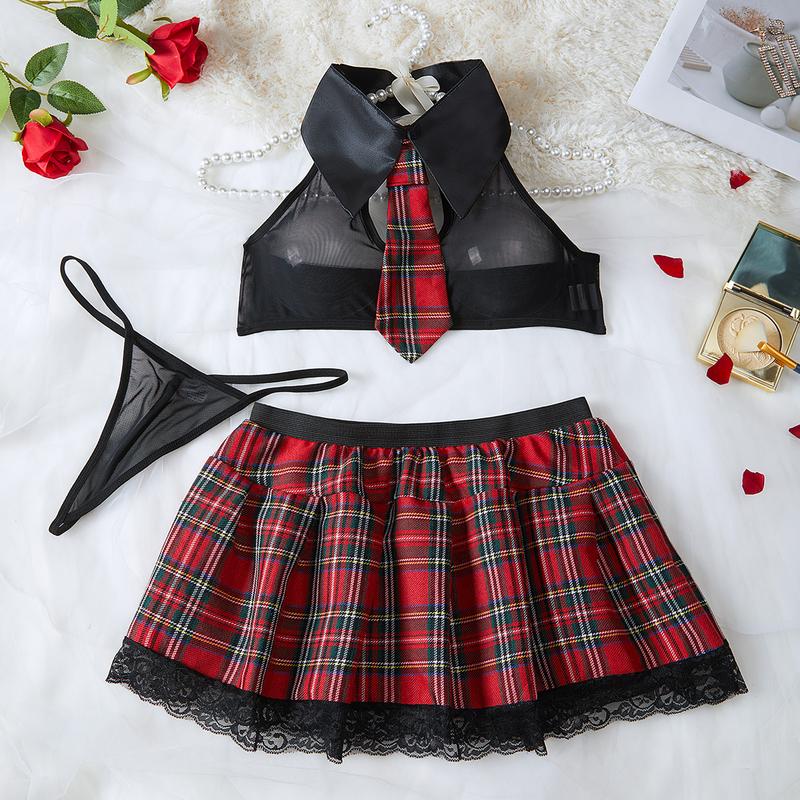 3-piece Women's Lace Red Plaid Skirt Underwear Lingerie Set, Pajama Set, Light, Breathable and Comfortable Home Underwear Exuding Confidence and Unique Charm, Valentine's Day