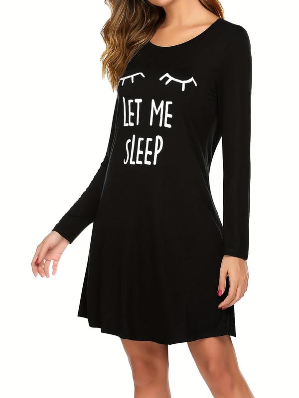 Women's Letter Print Drop Shoulder Nightdress, Casual Long Sleeve Round Neck Nightgown for All Seasons, Soft Comfortable Sleepwear for Women