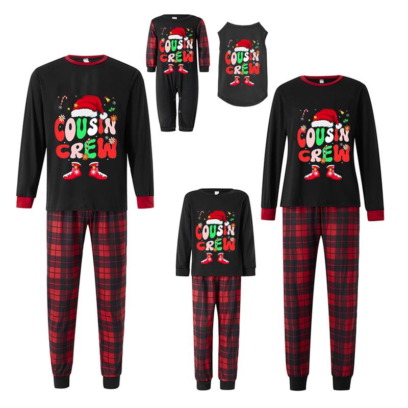 Black Red Matching Christmas Pajamas For Family Letter Santa Hat Print Long Sleeve Tops and Black Red Plaid Pants Sleepwear