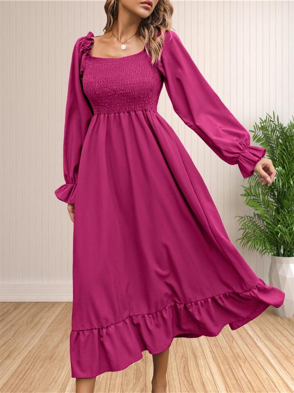 Plain Frill Trim Shirred Ruffle Trim A Line Dresses for Women, Elegant Long Sleeve Square Neck Long Dress for Party Holiday Wedding Guest, Birthday Dresses 2024, Ladies Fall & Winter Clothes, Dresses for Women, Wedding Guest Dress, Fall Clothing Women