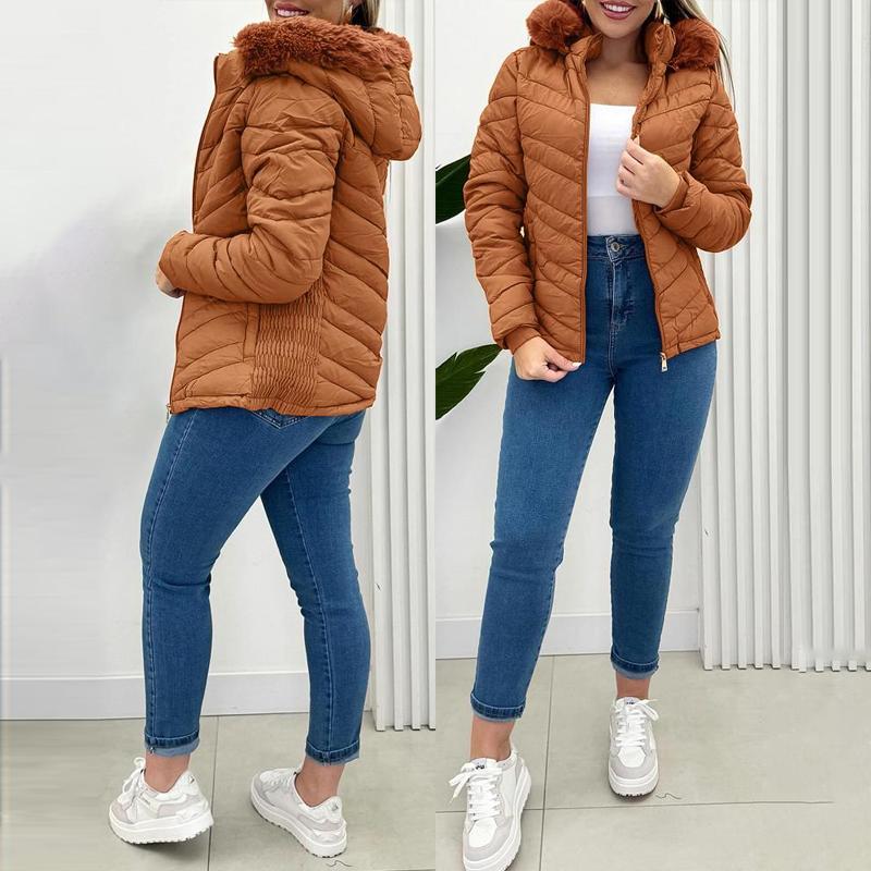 ChicMe Women's Zip Up Pocket Design Shirred Waist Jacket Fuzzy Trim Fleece Lined Hooded Puffer Coat detachable jacket windbreaker jackets