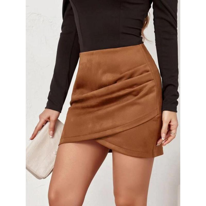 Women's Solid Ruched Wrap Bodycon Skirt, Fashion Girls Skirt, Casual High Waist Skirt for Daily Outdoor Wea0