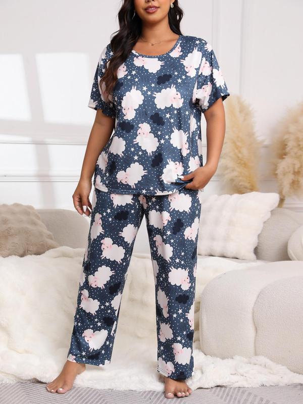 Plus Size Two-Piece Set Cartoon Dinosaur Print Tee & Pants & Eye Mask Pyjama Set, Casual Short Sleeve T-shirt & Trousers & Eye Cover, Women's Summer Sleepwear