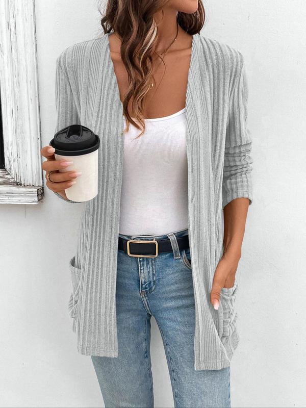 Women's Solid Pocket Ribbed Cardigan, Elegant Long Sleeve Open Front Knitwear for Fall & Winter,  Cardigan for Women, Fashion Women's Knit Clothing for Daily Wear