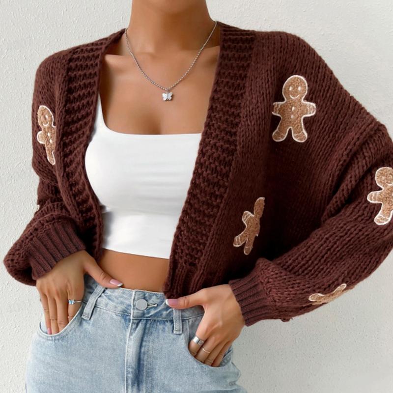 Women's Christmas Open Front Cropped Cardigan Sweaters Long Sleeve Ugly Style Christmas Man Cardigan