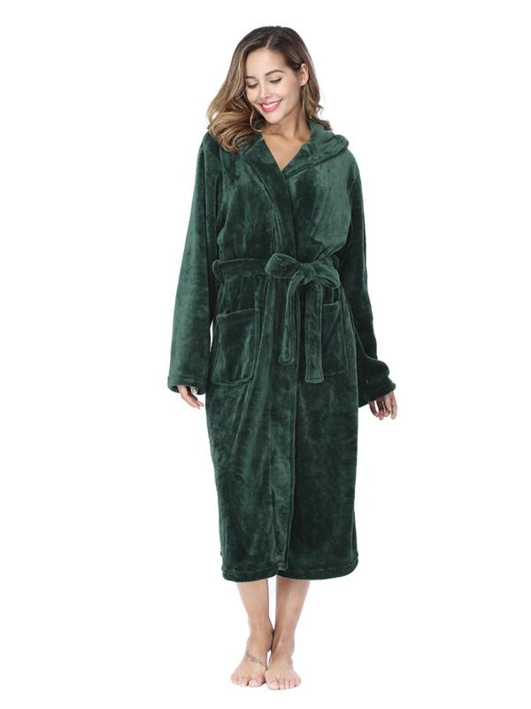 Women's Solid Drop Shoulder Belted Hooded Flannel Robe, Casual Long Sleeve Pocket Design Bathrobe, Ladies Fall & Winter Sleepwear, Fall Wear, Fallfreshness