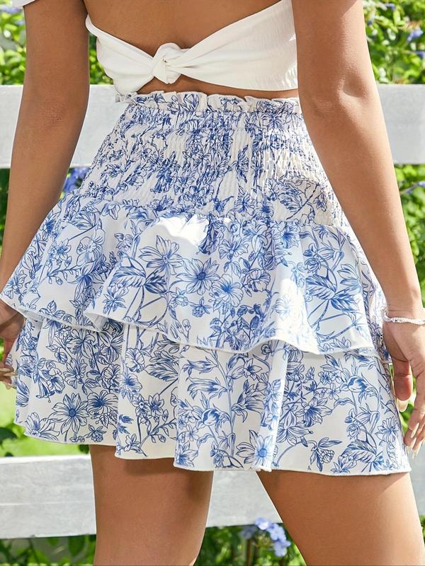 Women's Floral Print Corset Layered Skirt, Boho Fashion A-line Skirt For Beach Holiday Vacation, Ladies Summer Clothes