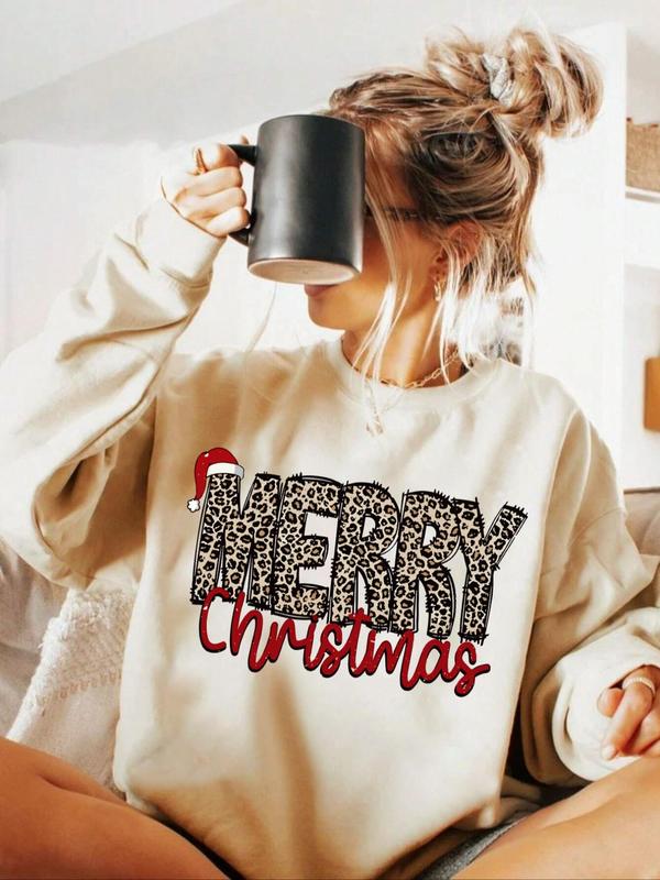 Women's Christmas Letter & Leopard-Print Crew Neck Sweatshirt, Casual Long Sleeve Pullover for Fall & Winter, Women's Clothes for Daily Wear