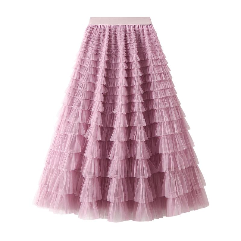 Women's Long Skirt Multilayer Mesh Pleated High Waist High Stretch Elegant Solid Color Cake Skirt Fashion Light