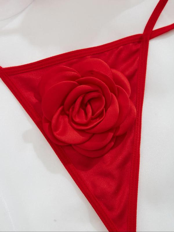 Two-Piece Set Women's Rose Decor Sexy Lingerie Set, Solid Color Tie Back Push Up Halter Bra & Thong Set, Lingerie Set for Women