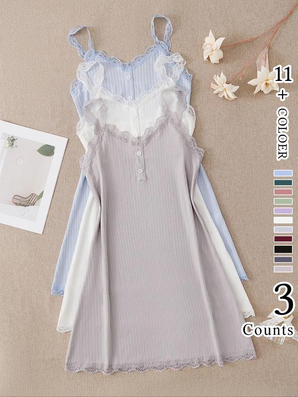 Women's Back To School Plain Contrast Lace Buttons Cami Nightdress, Elegant Sweetheart Neck Sleeveless Sleep Dress, Dresses for Women, Comfy Sleepwear for Fall, Night Gown for Women, Women's Clothes, Night Gown for Women, Sleep Gown