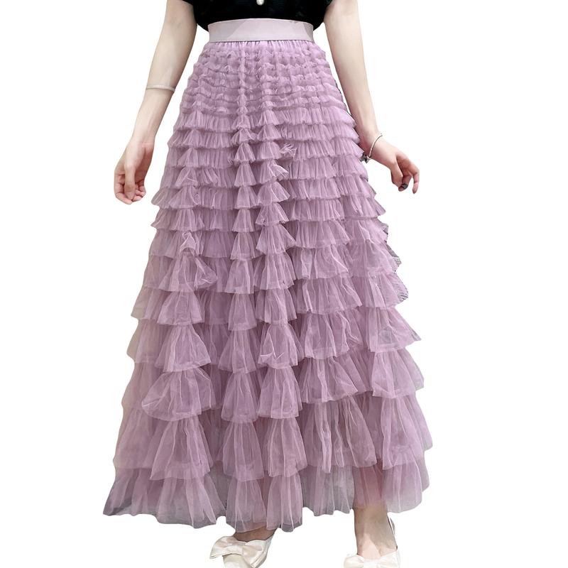 Women's Long Skirt Multilayer Mesh Pleated High Waist High Stretch Elegant Solid Color Cake Skirt Fashion Light