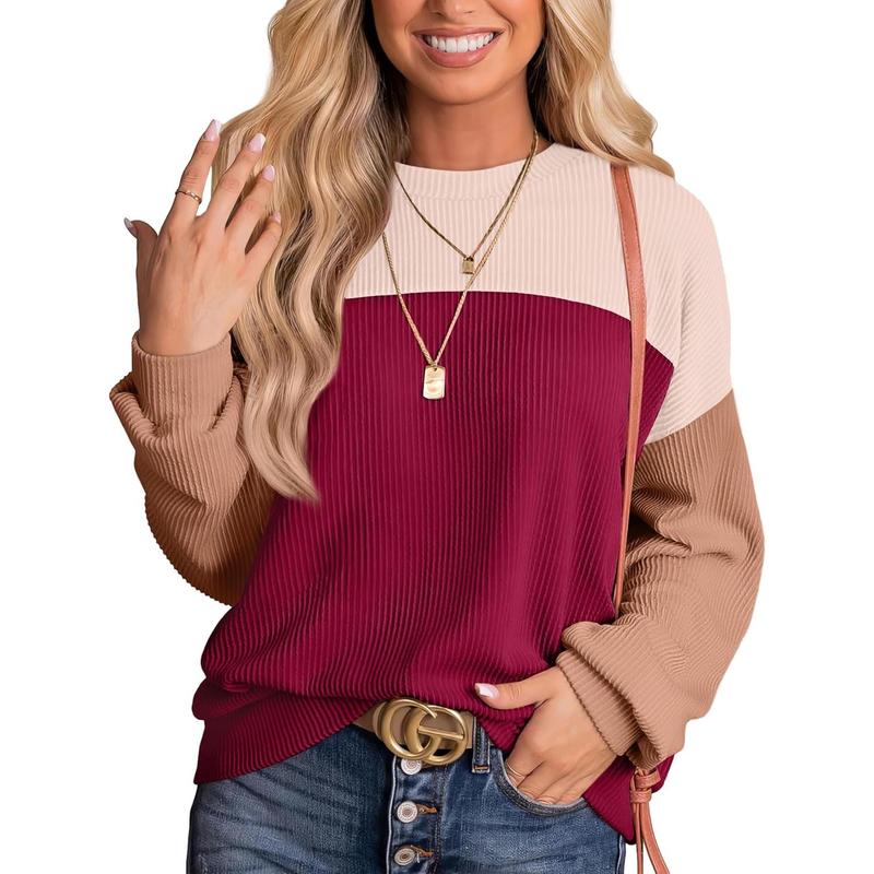 Sipaya Womens Fashion Color Block  Crewneck Knitted Ribbed Shirts Tunic  Casual Loose Knitwear Womenswear Lady Comfort Round Neck Knitting Longsleeves Knitting Longsleeves 2024 christmas ornament