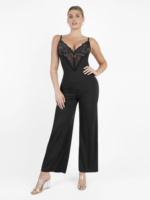 Popilush Shapewear Lace V-Neck Wide-Leg Jumpsuit