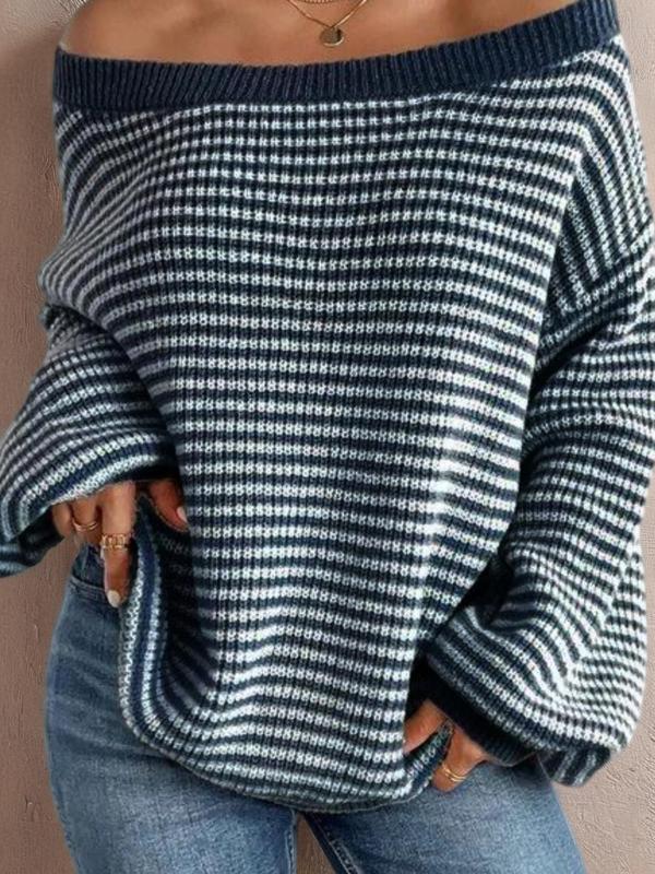 Women's Striped Drop Shoulder Sweater, Y2k Casual Bishop Sleeve Boat Neck Jumper for Daily Outdoor Wear Back To School, Sweaters for Women, Ladies Knitwear for Fall, Fall Outfits, Fallfreshness, Preppy 80s Clothes