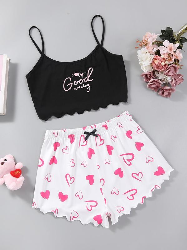 Two Four Pieces Women's Heart Print Scallop Crop Sleeveless Cami Top & Bow Decor Shorts Pj Co-ord Set for Home Wear, Pajama Sets Women, Cute Nightwear Homewear Pjs for Lady, Summer Wear, Pjs Homewear Birthday Wear Black Girl