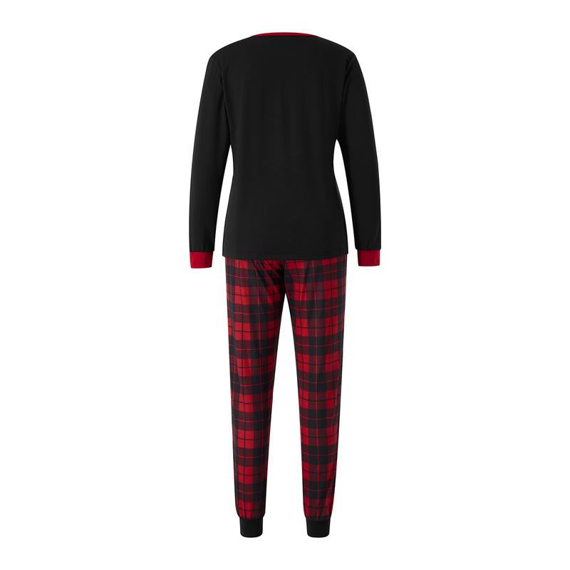 Hot New Black Christmas Family Pajamas Matching Set, Long Sleeve Letters Print T-shirt with Plaid Pants Sleepwear Loungewear