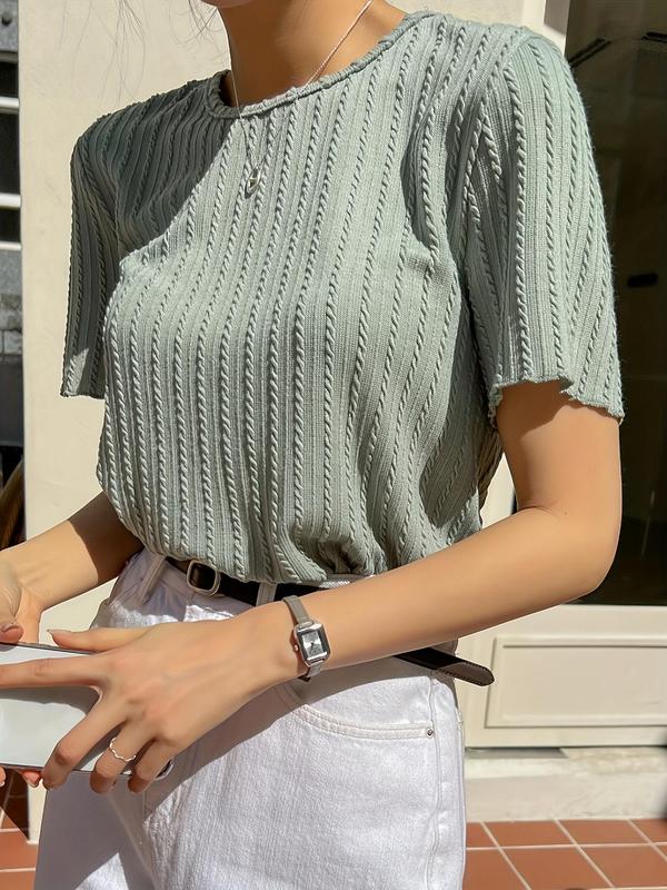 Women's Plain Textured Lettuce Trim Round Neck Tee, Casual Short Sleeve T-shirt for Summer, T Shirts for Women, Ladies Clothes for Daily Wear, Going Out Tops, Summer Outfits 2024, Back To School Outfit