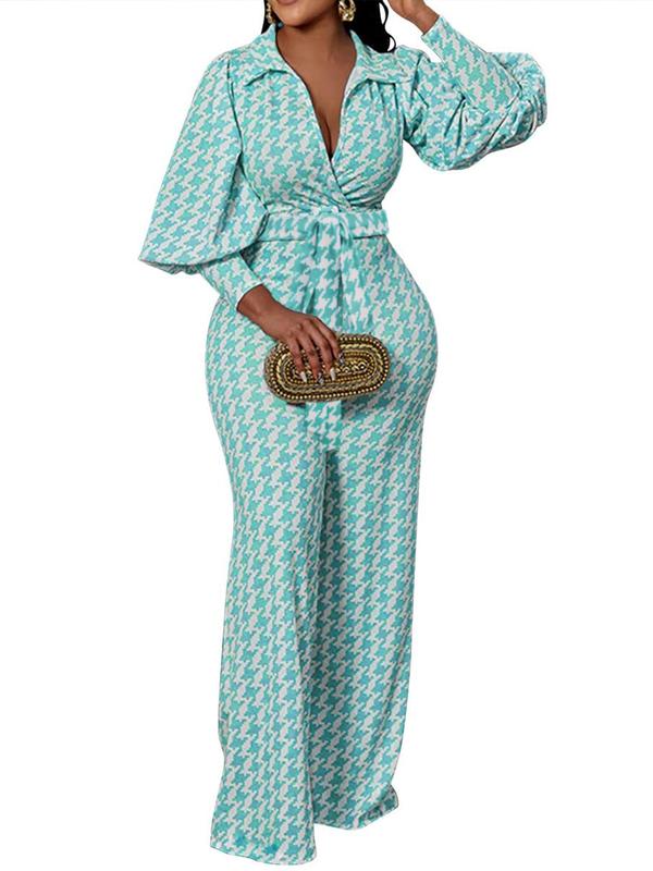 Women's Houndstooth Print Belted Wide Leg Jumpsuit, Elegant Bishop Sleeve V Neck Jumpsuit for Daily Wear, Ladies Clothes for All Seasons, Winter Clothes Women, Jumpsuits for Women