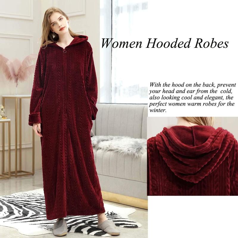 Long Hooded Zipper Bathrobe for Womens Flannel Fleece Robes Winter Warm Housecoat Nightgown Sleepwear Pajamas