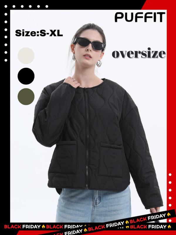 Women's Solid Pocket Zip Up Quilted Warm Jacket, Winter Clothes Women, Casual Drop Shoulder Long Sleeve Puffer Outerwear for Fall & Winter Daily Wear