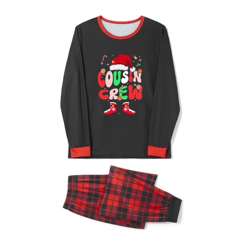 Black Red Matching Christmas Pajamas For Family Letter Santa Hat Print Long Sleeve Tops and Black Red Plaid Pants Sleepwear