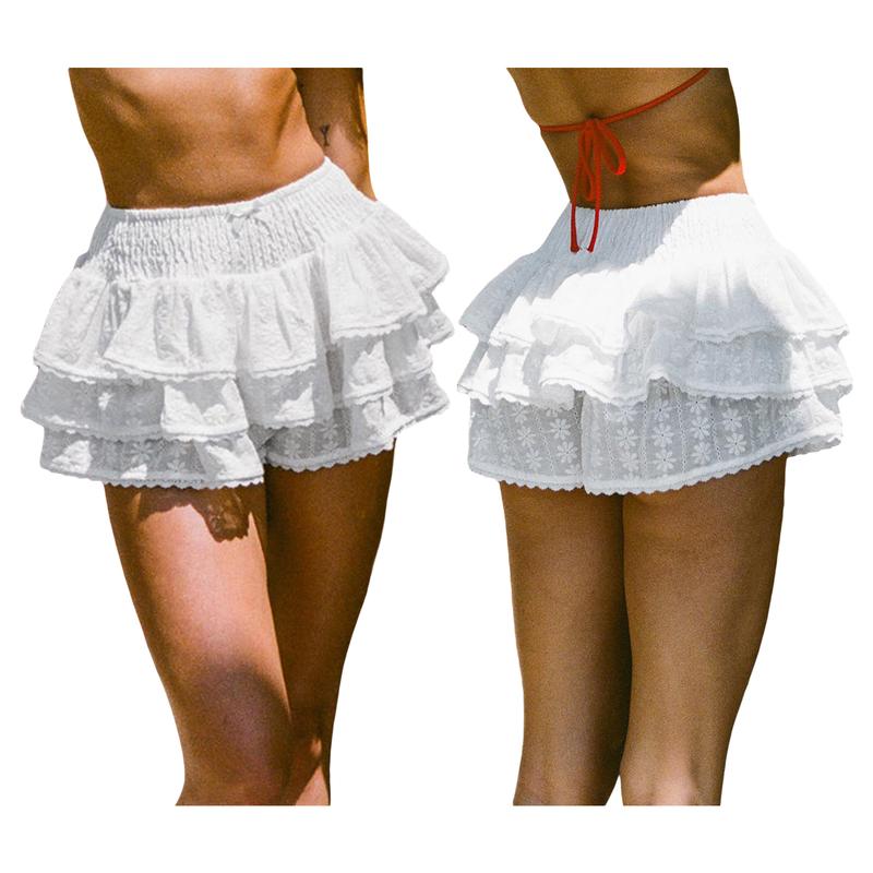 Woman Summer Floral Embroidery White Shorts Lace Trim Layered Ruffled Skirt Shorts Smocking High Waist Shorts Casual Short For Woman 2024 Sweat Ruffle Mini Skirt Sexy Hollow Out Shorts