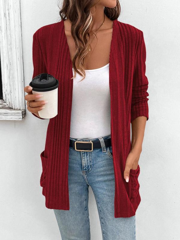 Women's Solid Pocket Ribbed Cardigan, Elegant Long Sleeve Open Front Knitwear for Fall & Winter,  Cardigan for Women, Fashion Women's Knit Clothing for Daily Wear