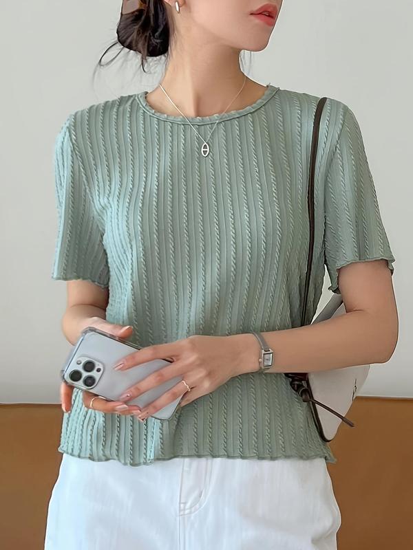 Women's Plain Textured Lettuce Trim Round Neck Tee, Casual Short Sleeve T-shirt for Summer, T Shirts for Women, Ladies Clothes for Daily Wear, Going Out Tops, Summer Outfits 2024, Back To School Outfit