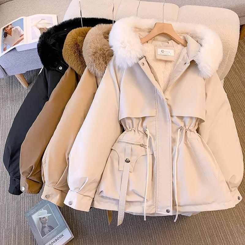 Women's Medium-length Waist-fitted Slimming Hooded Cotton-padded Jacket Warm Fleece Lining Korean Style Autumn winter Coat Women's Funnel Women's Waterproof