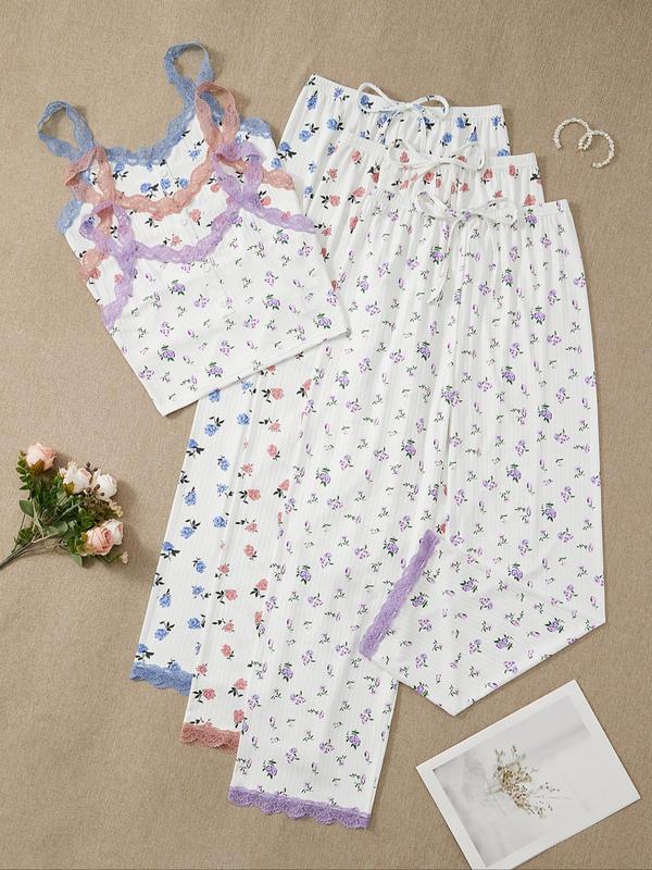 Women's Plain Contrast Lace Summer Pyjama Set, Casual Buttons Cami Top & Drawstring Waist Pants, Lady Pajamas, Womenswear Homewear, Summer Outfits 2024