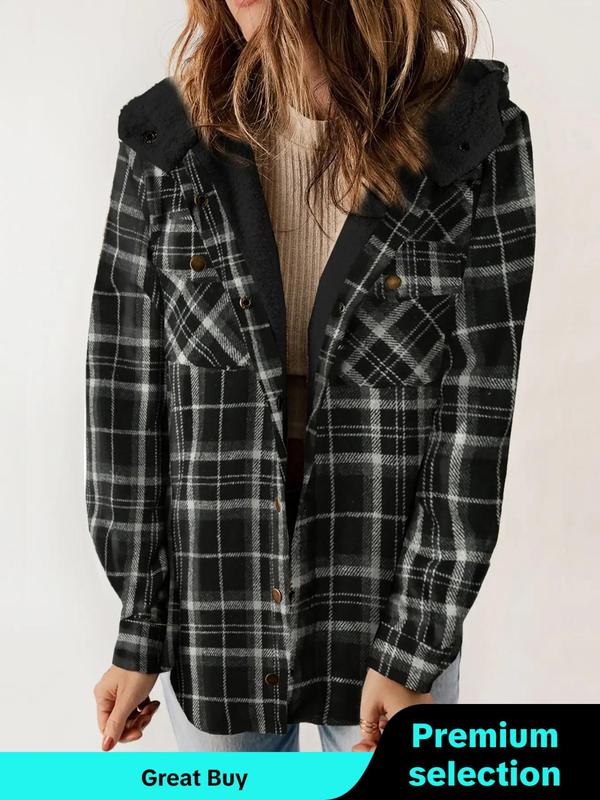 Women's Plaid Print Button Front Thermal Lined Hooded Coat, Fall Outfits, Casual Long Sleeve Pocket Outerwear for Winter, Ladies Clothes for Daily Wear