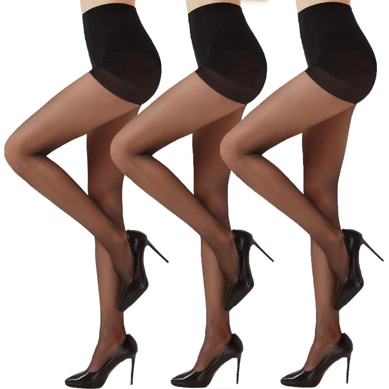 3 Pairs Black Sheer Tights for Women - 20D Not Rip Control Top Pantyhose with Reinforced Toes - Resist Tears