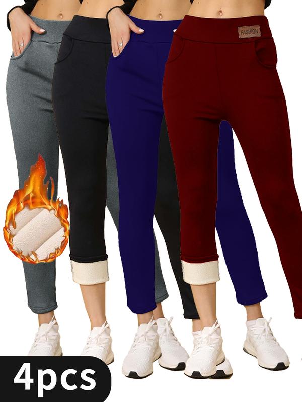 Women's Thermal Fleece Lined High Waisted Leggings, Solid Color Knit Fabric, Warm Comfort Fit for Fall and Winter Womenswear Bottoms