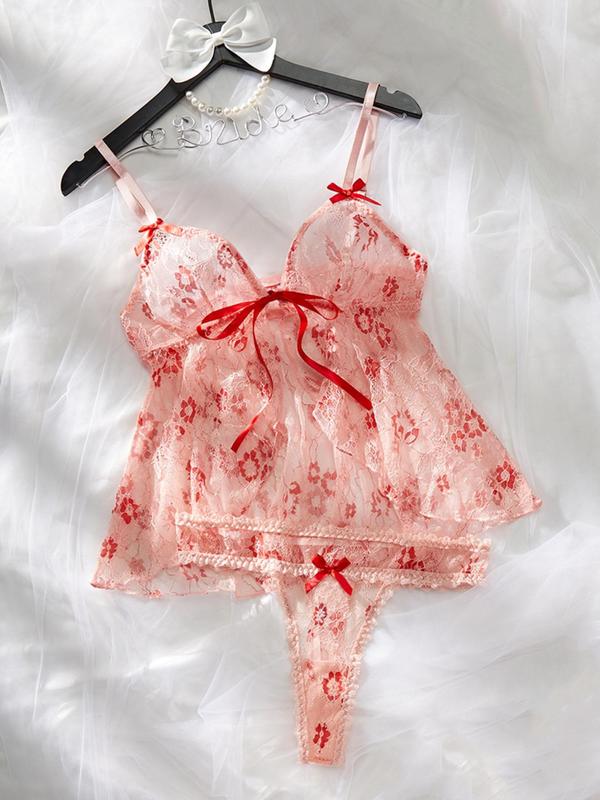 Women's Floral Print Sheer Lace Sexy Lingerie Set, Bow Decor Split Lingerie Top & Thong Set, Romantic Underwear Set for Ladies