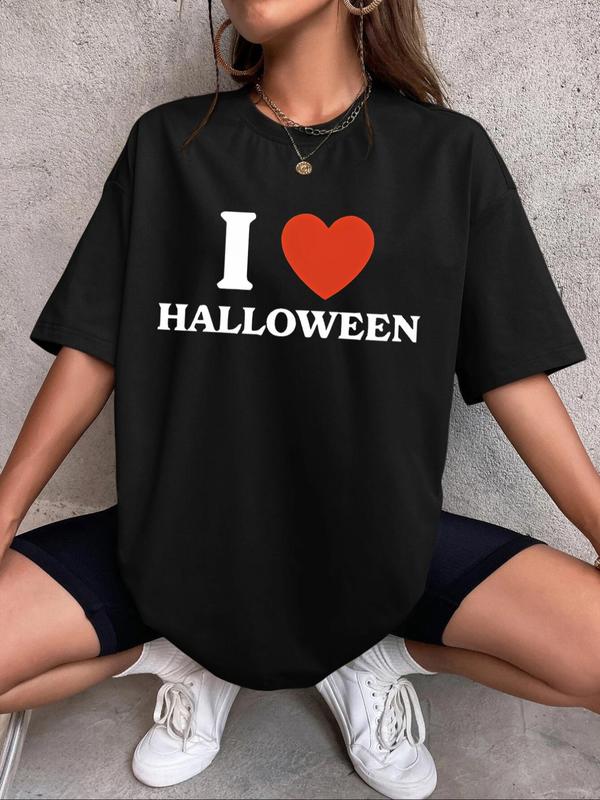 Women's Halloween Themed Skeleton & Letter Print Drop Shoulder Tee, Graphic Tees, Casual Half Sleeve Round Neck T-shirt, Fall Clothes Women, Lady Top for Daily Wear, 90s Clothes