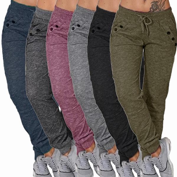 Women's All Seasons Solid Drawstring Waist Long Pants with Pockets, Casual Slim Elastic Waist Sweatpants Jogger Pants Fabric Womenswear