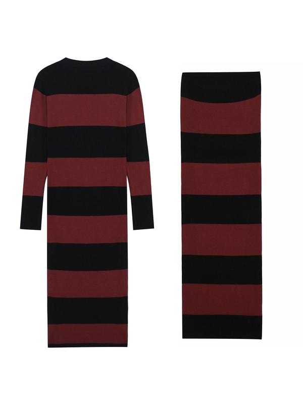 Women's Striped Print Button Front Longline Cardigan & Tube Dress Two-piece Set, Casual Long Sleeve Outerwear & Strapless Long Dress for Daily Wear, Ladies Two-piece Outfits for All Seasons, Two Piece Set, Cardigans for Women