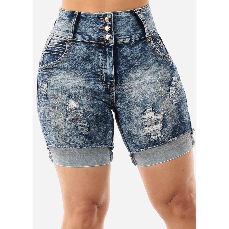 Butt Lift Mid Thigh Ripped Denim Shorts Acid Wash