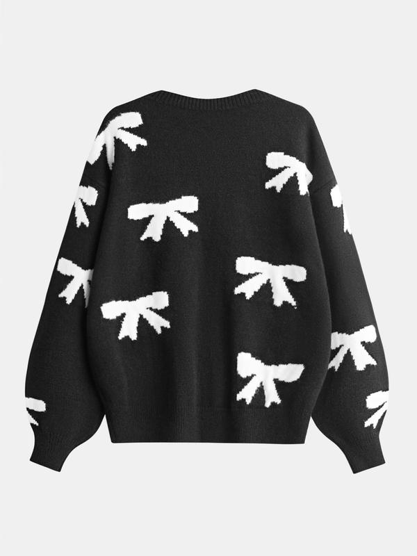 YOZY Women's All Over Bowknot Print Drop Shoulder Sweater, Casual Long Sleeve Round Neck Jumper for Fall & Winter, Fashion Ladies' Knitwear for Daily Wear