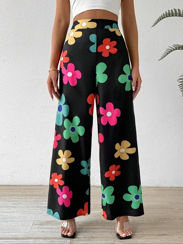 Women's Floral Print Elastic Waist Wide Leg Pants, Casual Comfy Trousers for Spring & Fall, Women's Bottoms for Daily Wear