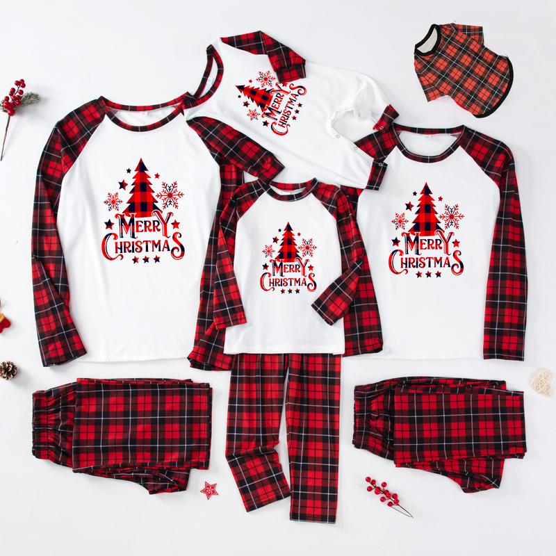 2024 New Christmas Pajamas for Family Long Sleeve Snowflake Tree Print Tops + Plaid Pants Set Winter Sleepwear Xmas Pj's Clothes Homewear Loungewear Nightwear Womenswear Baby Dog Suits Womenswear Baby