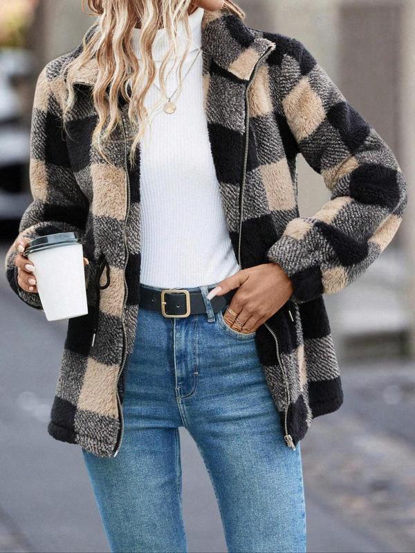 Women's Plaid Print Drawstring Zip Up Fuzzy Coat, Casual Long Sleeve Collared Teddy Thermal Lined Outerwear for Fall & Winter, Jackets for Women, Ladies Clothes for Daily Wear