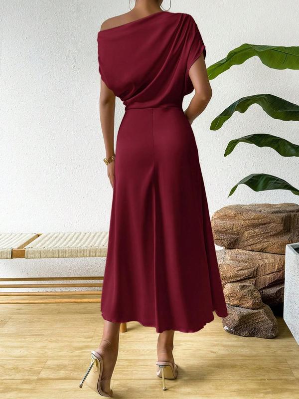 Women's Plain Ruched Asymmetrical Neck Batwing Sleeve Dress, Elegant Short Sleeve A Line Dress for Party Holiday Wedding Guest, Ladies Summer Clothes