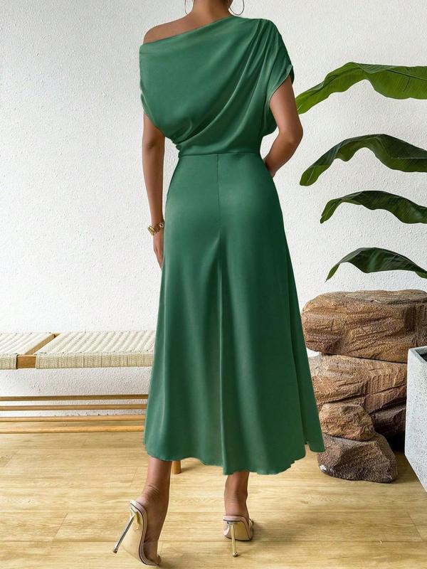 Women's Plain Ruched Asymmetrical Neck Batwing Sleeve Dress, Elegant Short Sleeve A Line Dress for Party Holiday Wedding Guest, Ladies Summer Clothes